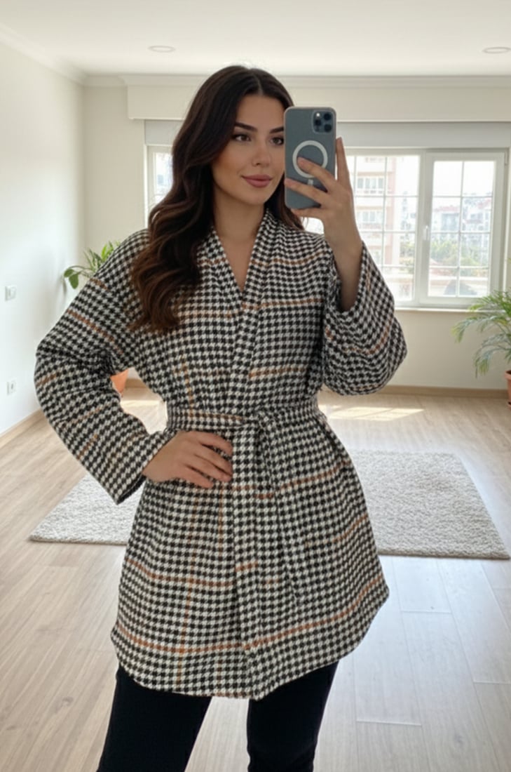 Siyah Taba Kaşe Kazayağı Desen Kuşaklı Kimono Ceket / Kışlık Ürün