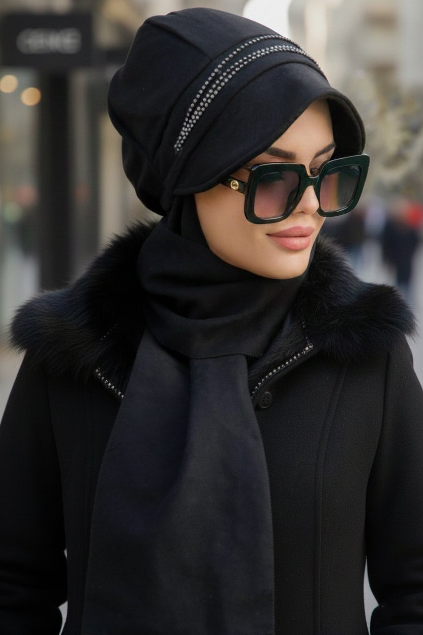 Siyah Taş Detaylı Tesettür Şapka