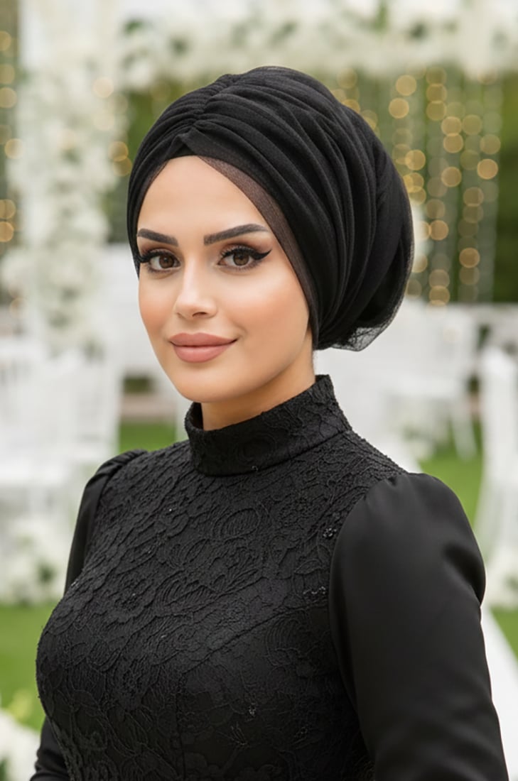 Siyah Tül Büzgülü Dolama Bone