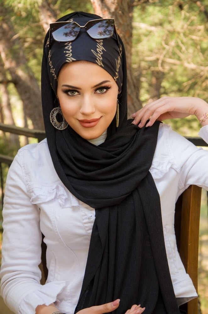 Siyah Yazı Desen Bone Hazır Şal