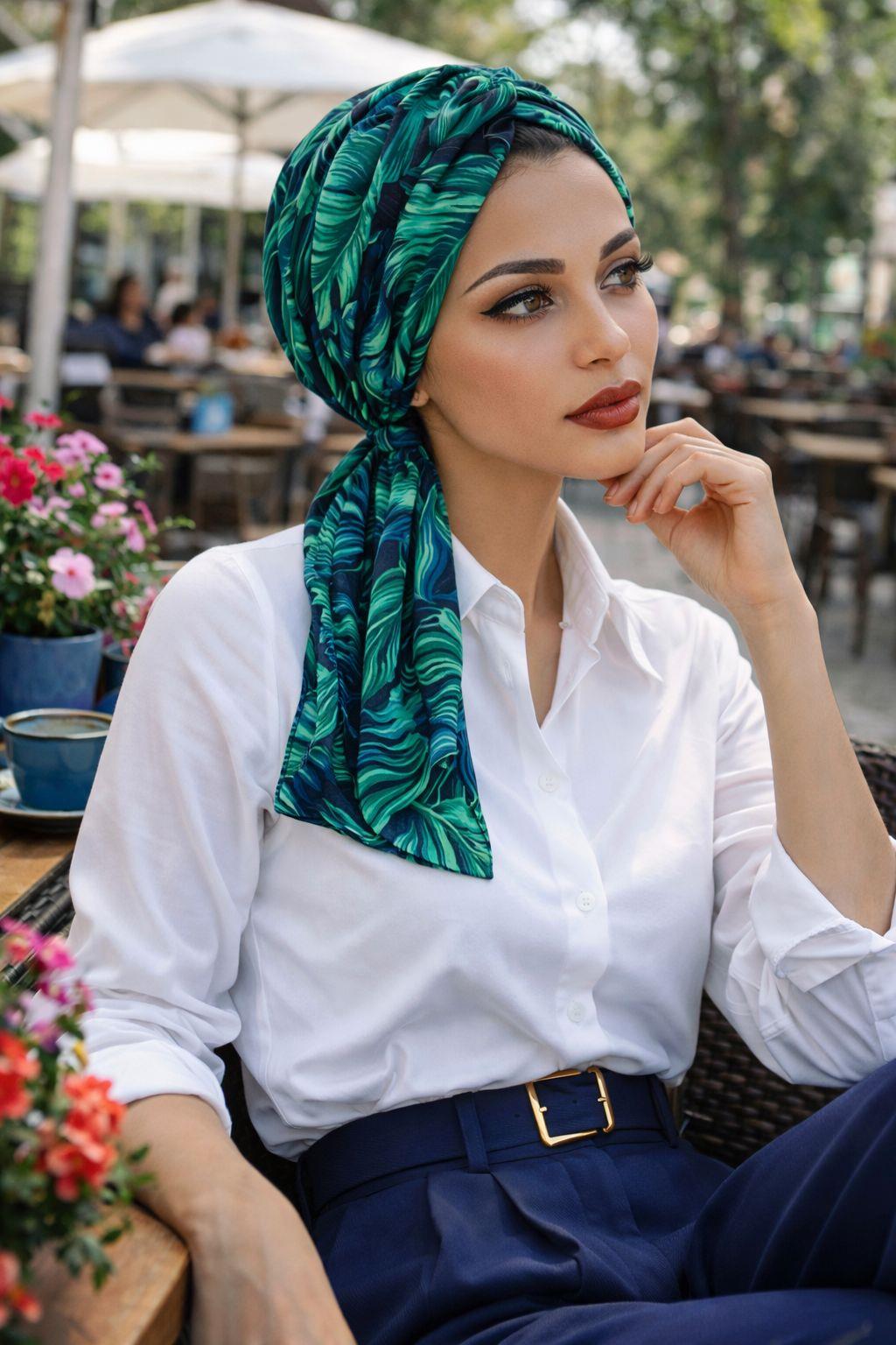 Siyah Yeşil Yaprak Büzgülü Eşarp Bone