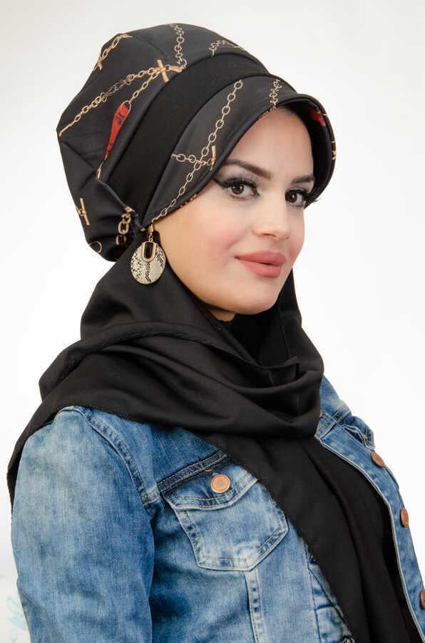 Siyah Zincir Desen Tesettür Şapka