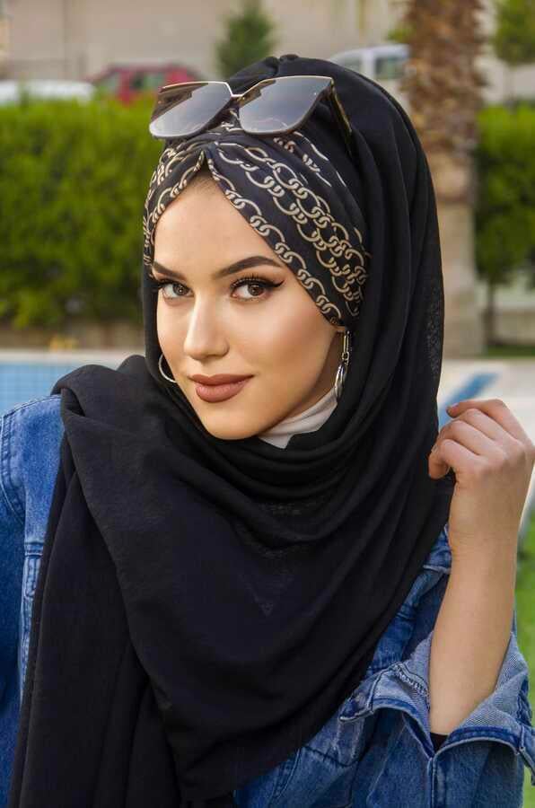 Siyah Zincir Desenli Büzgülü Hazır Şal