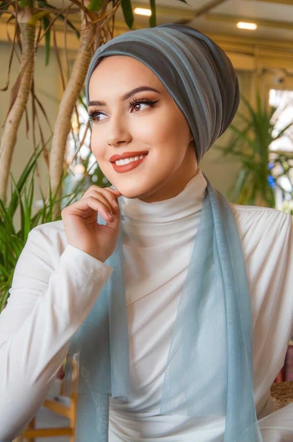 Soft Mavi Tül Fularlı Bone