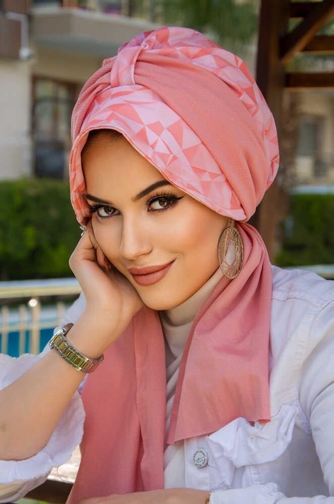 Somon Pudra Desen Fularlı Şapka Bone