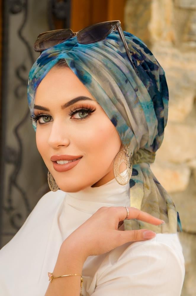 Turkuaz Batik Desen Tül Tokalı Bone