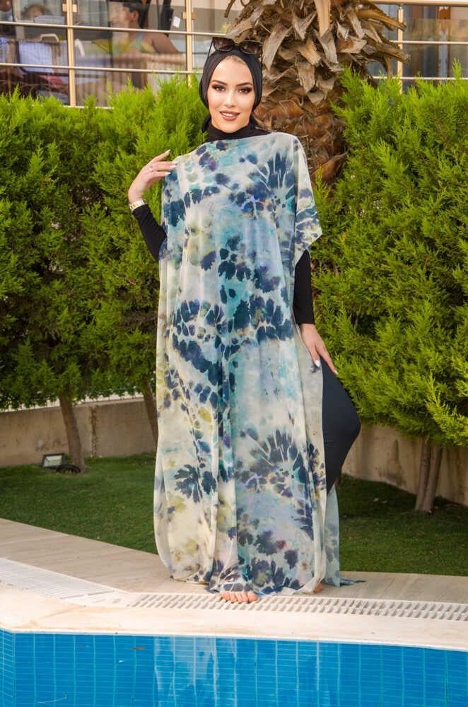 Turkuaz Batik Desenli Tesettür Pareo