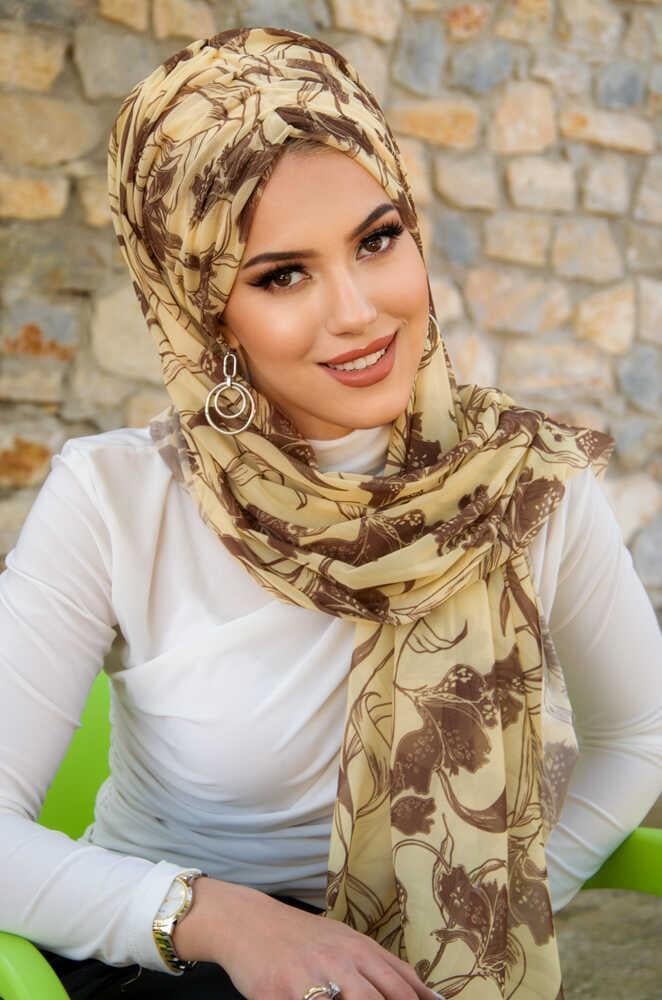 Uçuk Sarı Kahve Çiçek Desen Hazır Şal