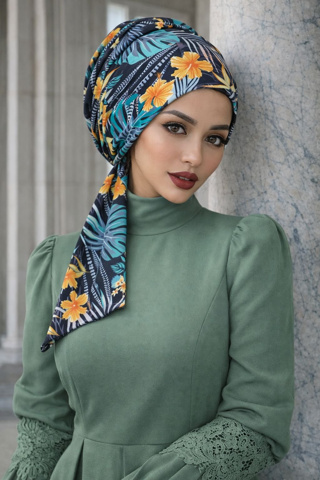 Yeşil Siyah Yaprak Desen Eşarp Bone