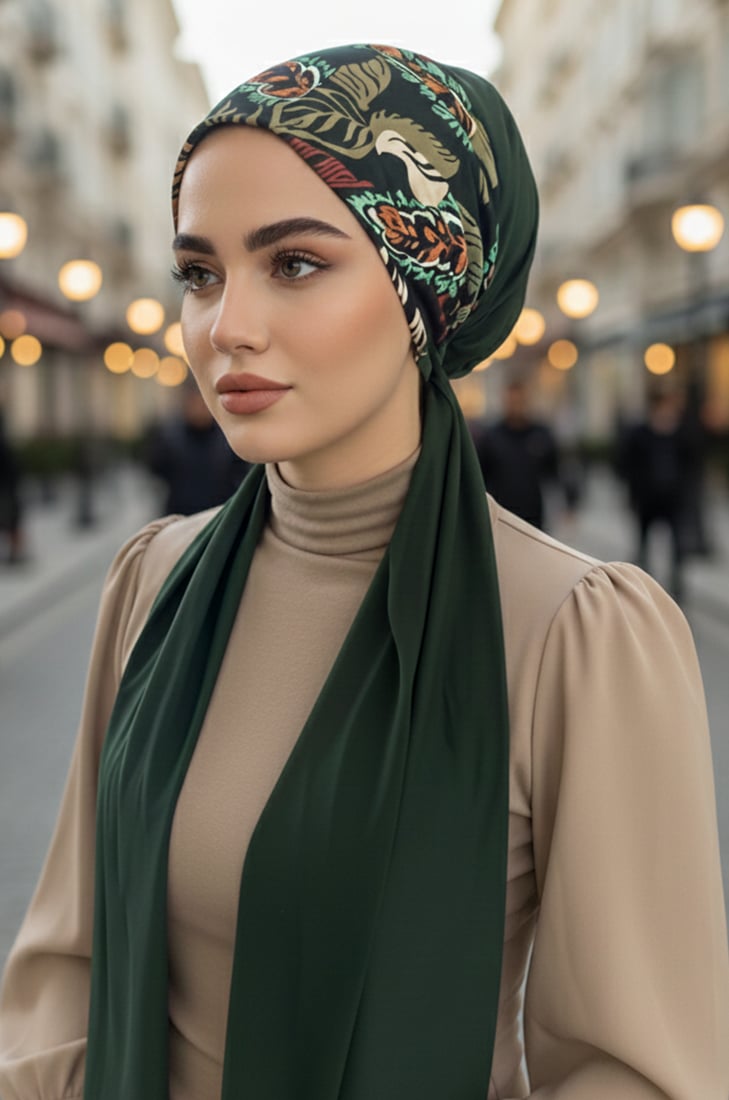 Zümrüt Yaprak Desenli Eşarp Bone