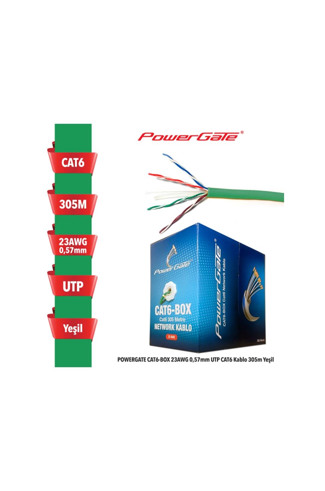 POWERGATE CAT6-BOX-GN, 23AWG 0,57mm, Utp, Cat6 Kablo, 305m, Yeşil