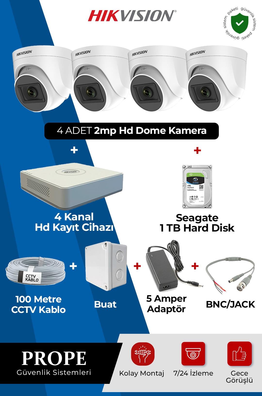 HIKVISION DS-2CE76D0T 4 Kameralı Dome Full Hd Sistem Paketi