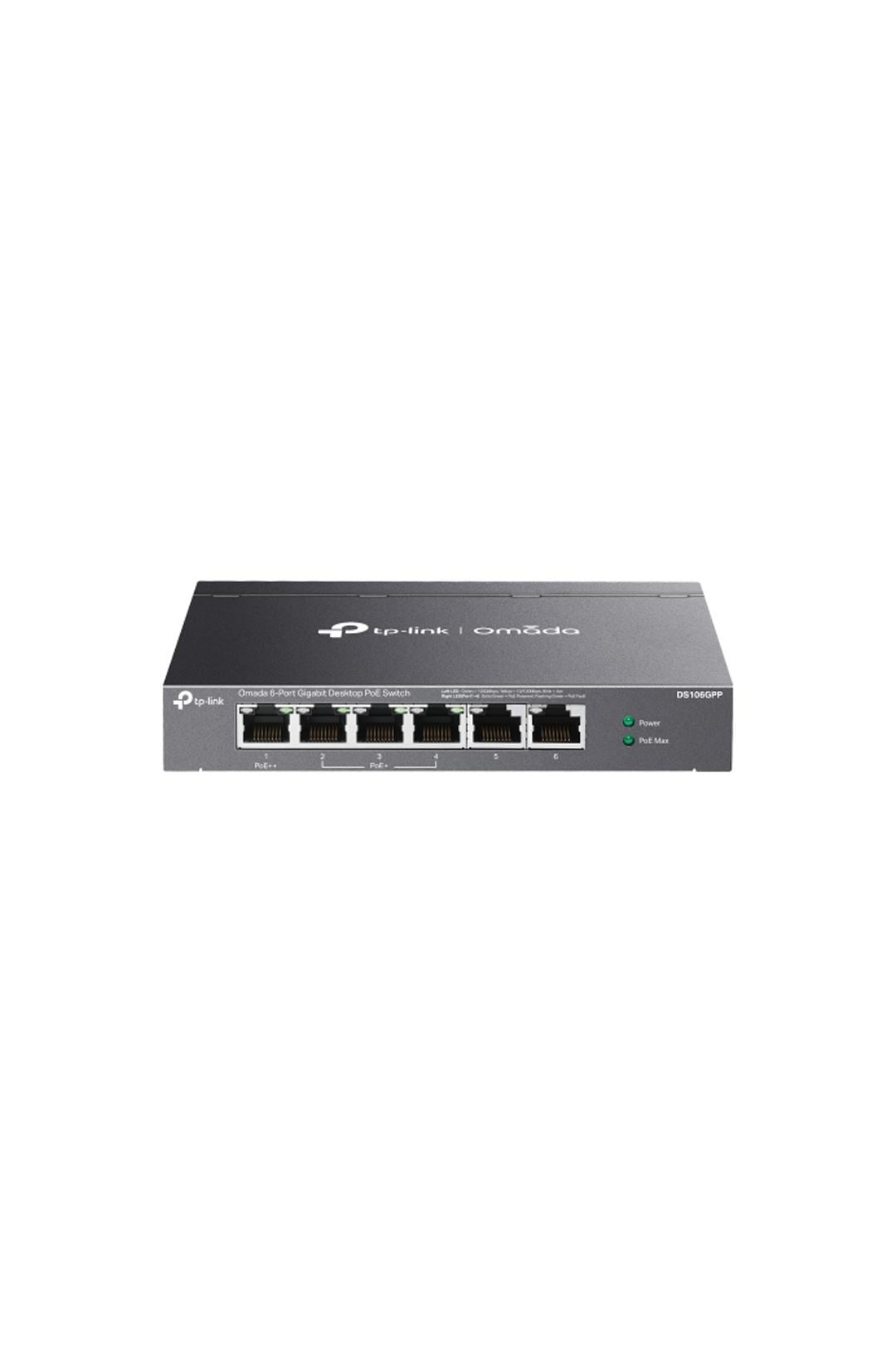 OMADA DS106GPP, 6 Port Gigabit, 3 Port Gigabit PoE+, 64W, 1 Port Gigabit PoE++, Yönetilemez, Metal Kasa Masaüstü Sessiz Switch