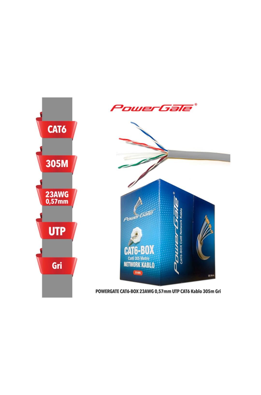 POWERGATE Cat6-Box-Gy, 23awg 0,57mm, Utp, Cat6 Kablo, 305m, Gri