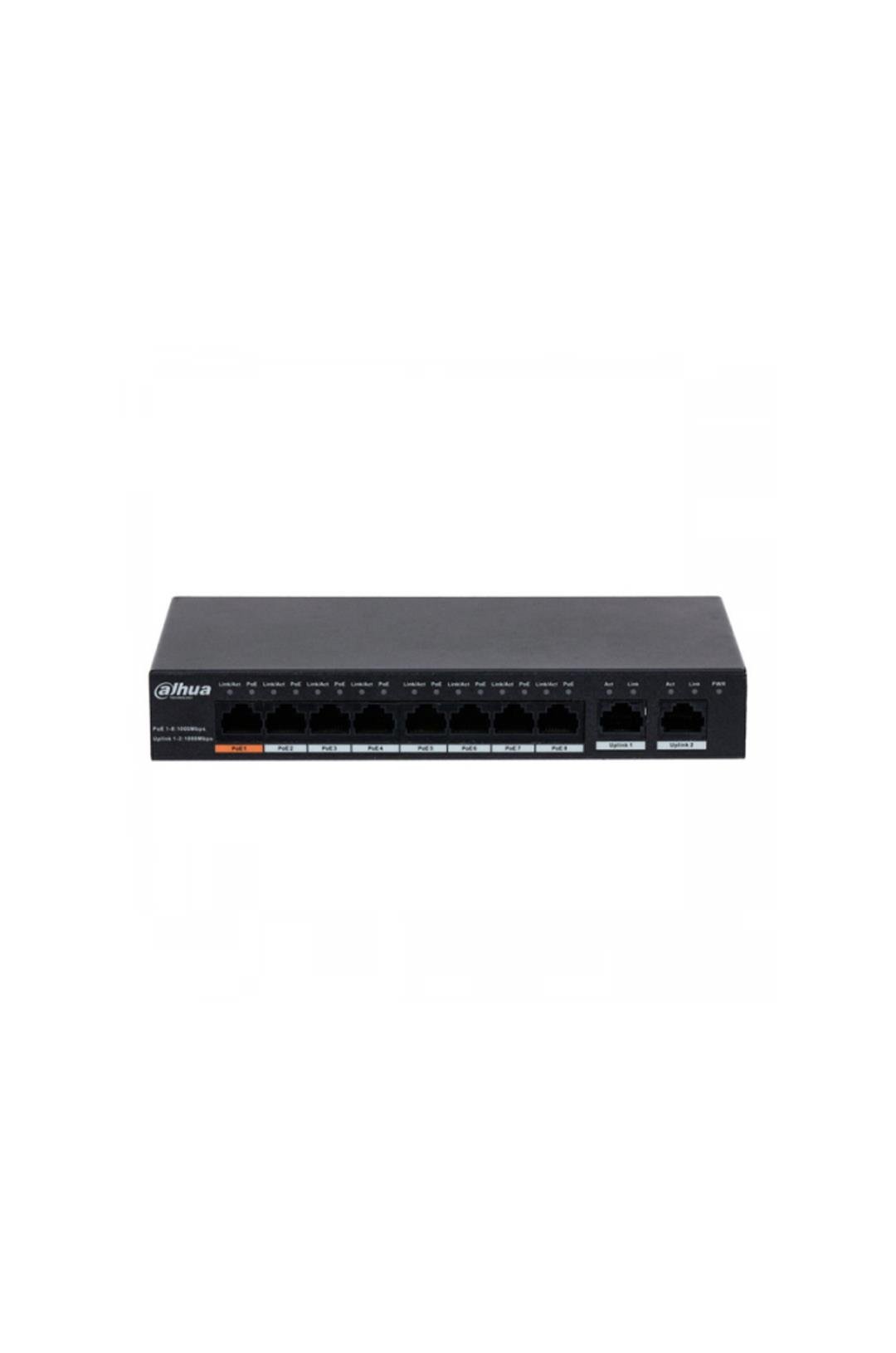 DAHUA PFS3010-8GT-96, 8 Port, GigaBit, PoE 96W, 2 Port GigaBit Uplink, Yönetilemez, Masaüstü Switch
