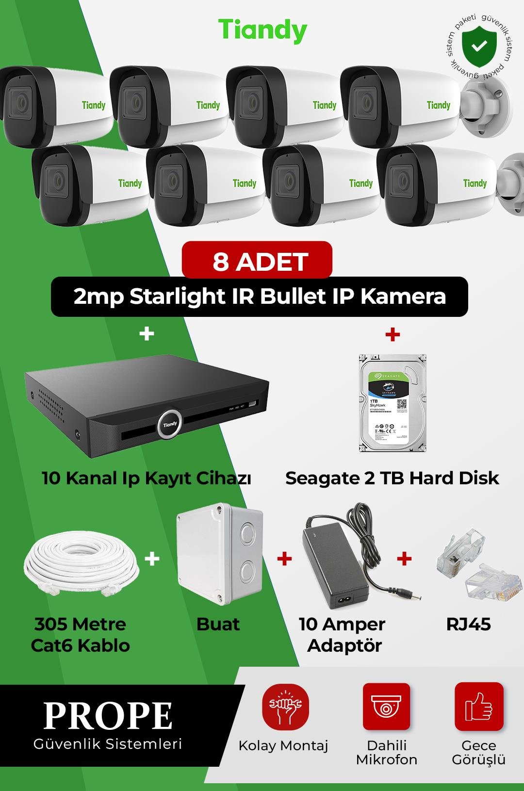 TIANDY PGI00008C01IP-BL-TIA08ST 8 Kameralı Bullet Ip Full Sistem Paketi
