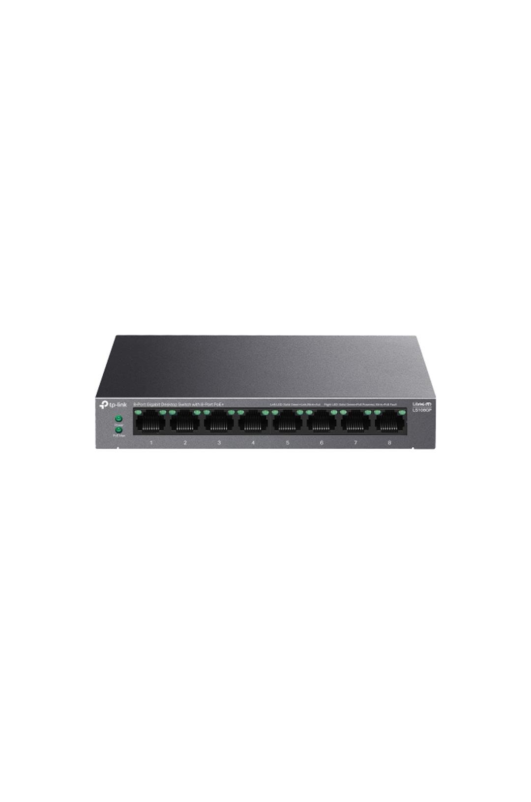 TP-LINK LS108GP, Green Tech, 8 Port GigaBit, PoE 62W, Yönetilemez, Metal Kasalı Switch