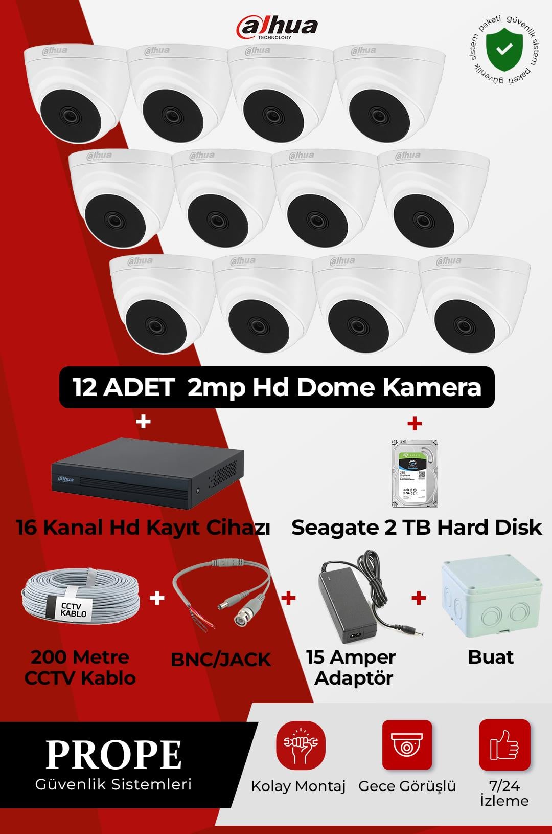 DAHUA PG-DH12C00001HD-D12ST  12 Kameralı Hd Dome Full Sistem Paketi