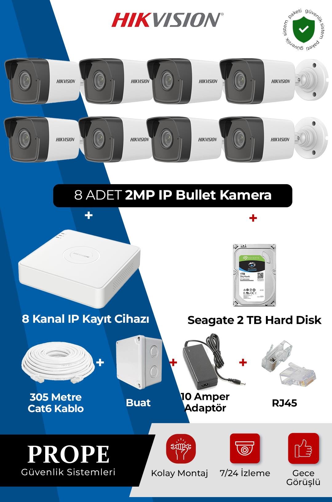 HIKVISION DS-2CD1023G0-IUF 8 Kameralı Bullet Ip Full Sistem Paketi