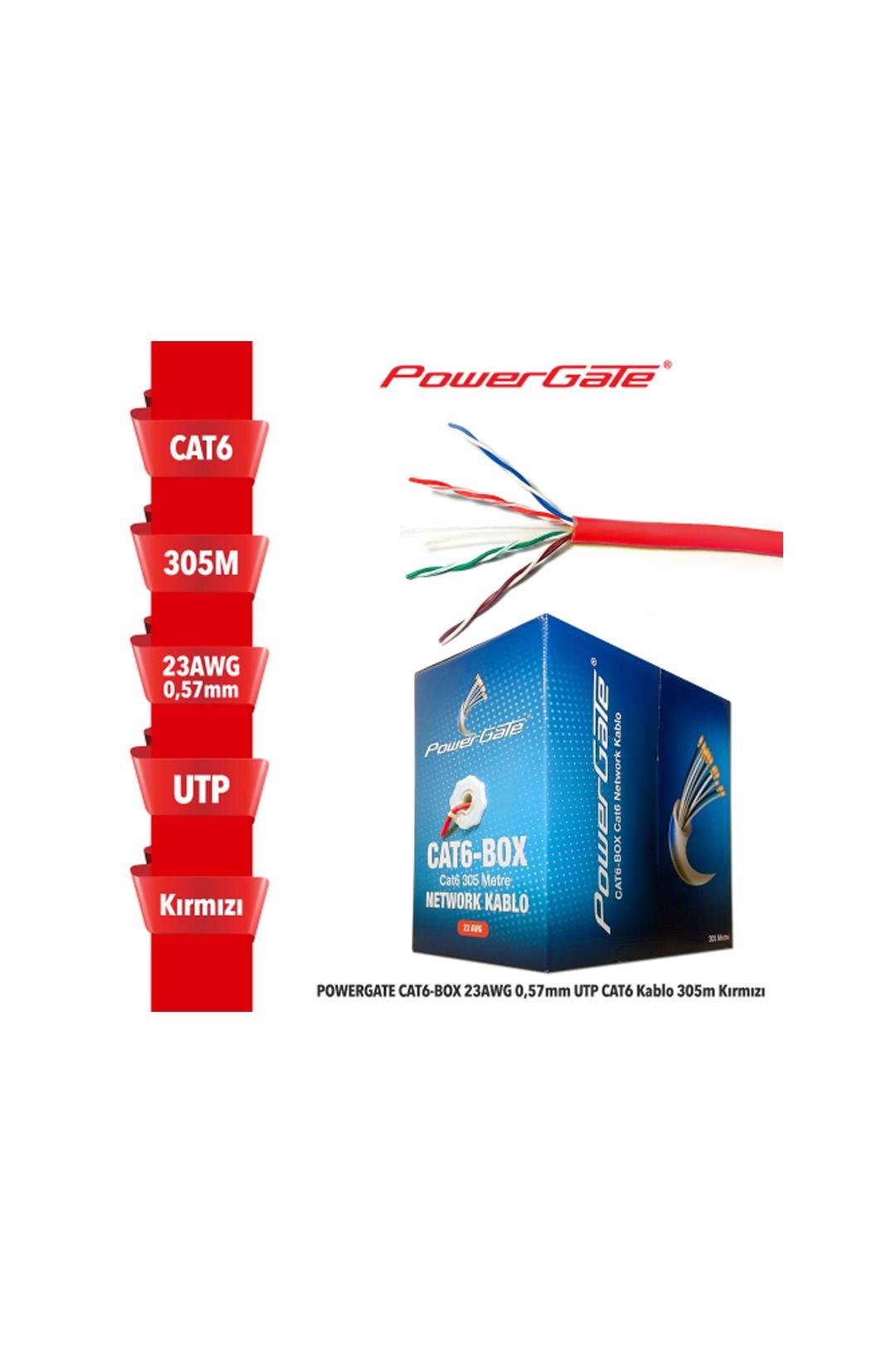 POWERGATE CAT6-BOX-RE, 23AWG, 0,57mm, Utp, Cat6 Kablo, 305m, Kırmızı