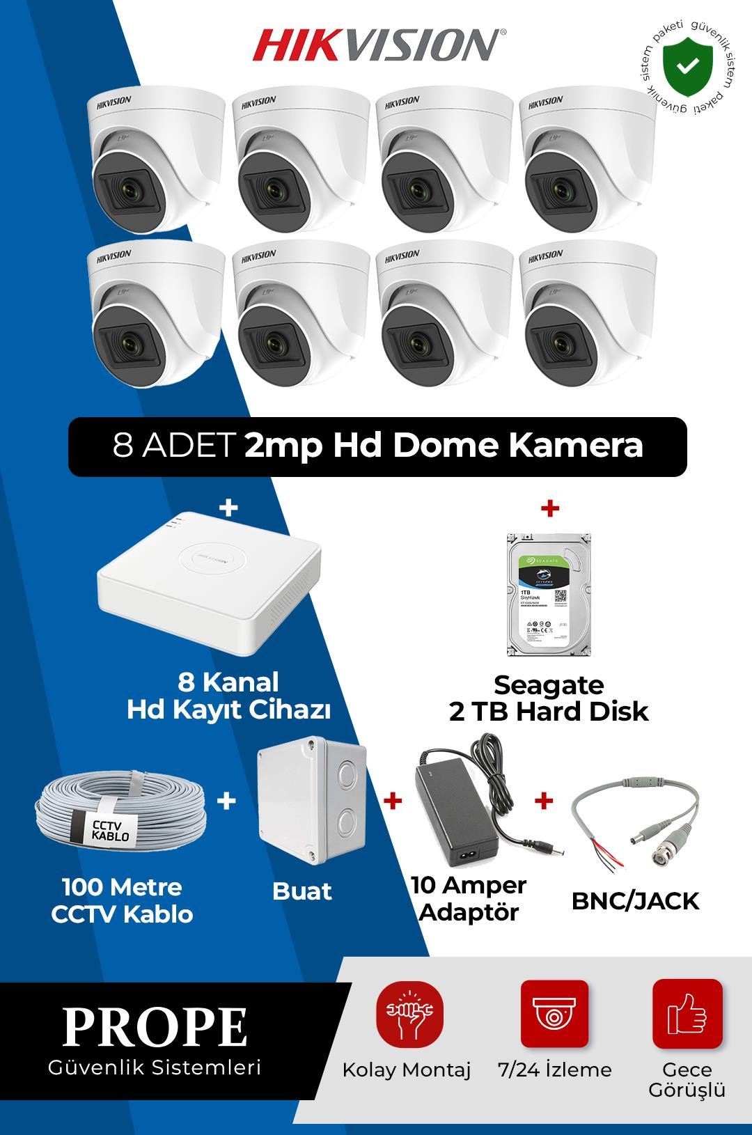 HIKVISION DS-2CE76D0T 8 Kameralı Dome Full Hd Sistem Paketi