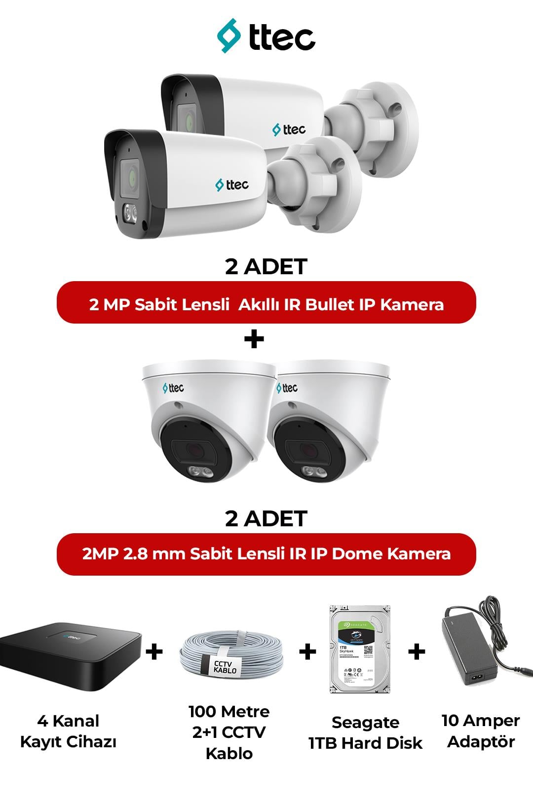 TTEC IPDP-2330M-WMS/SL  4 Kameralı Ip Dome Sistem Paket