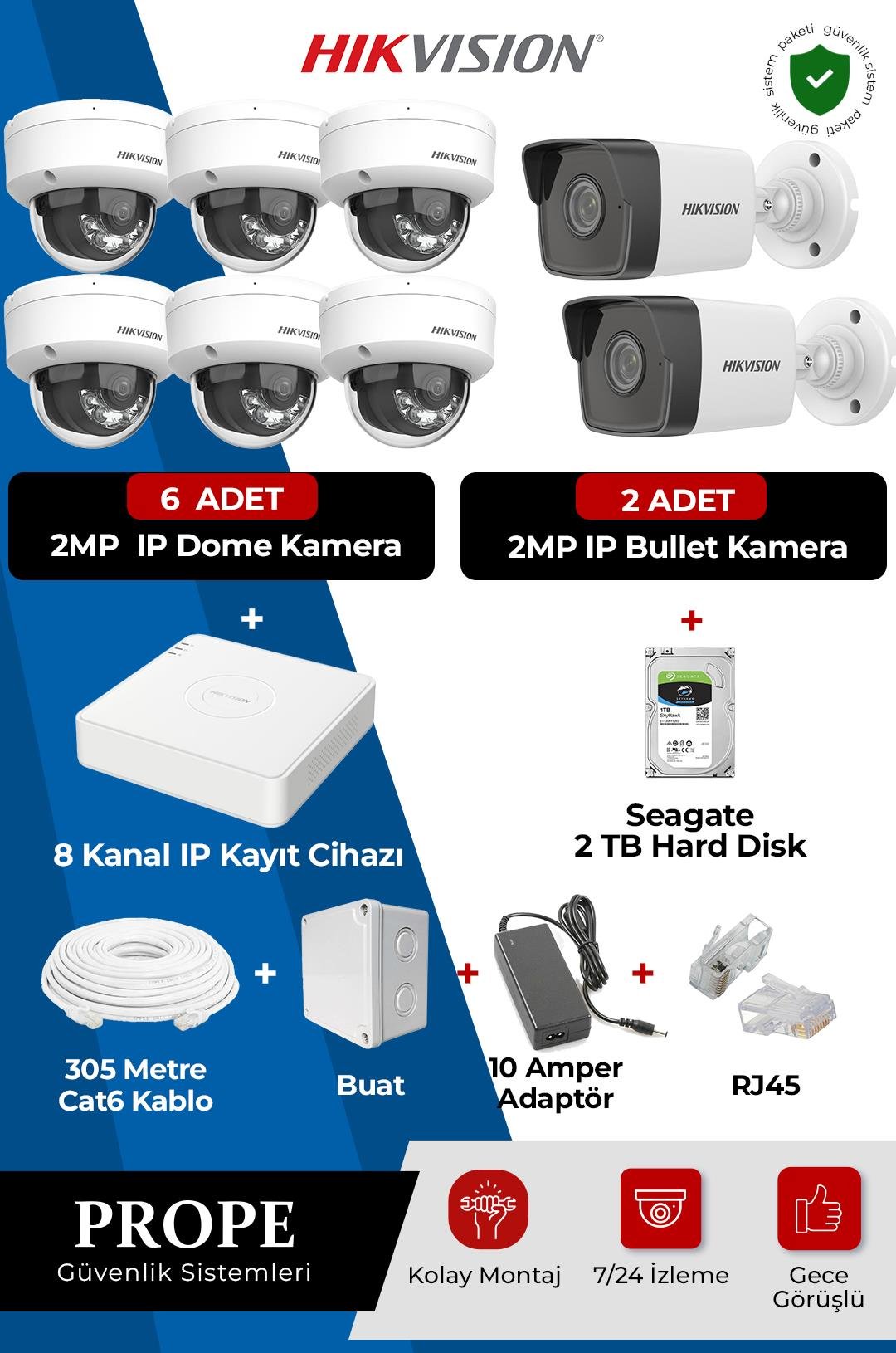 HIKVISION DS-2CD1023G0-IUF 8 Kameralı Ip Full Sistem Paketi