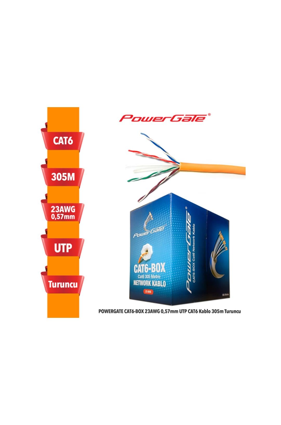 POWERGATE CAT6-BOX-OR, 23AWG, 0,57mm, Utp, Cat6 Kablo, 305m, Turuncu