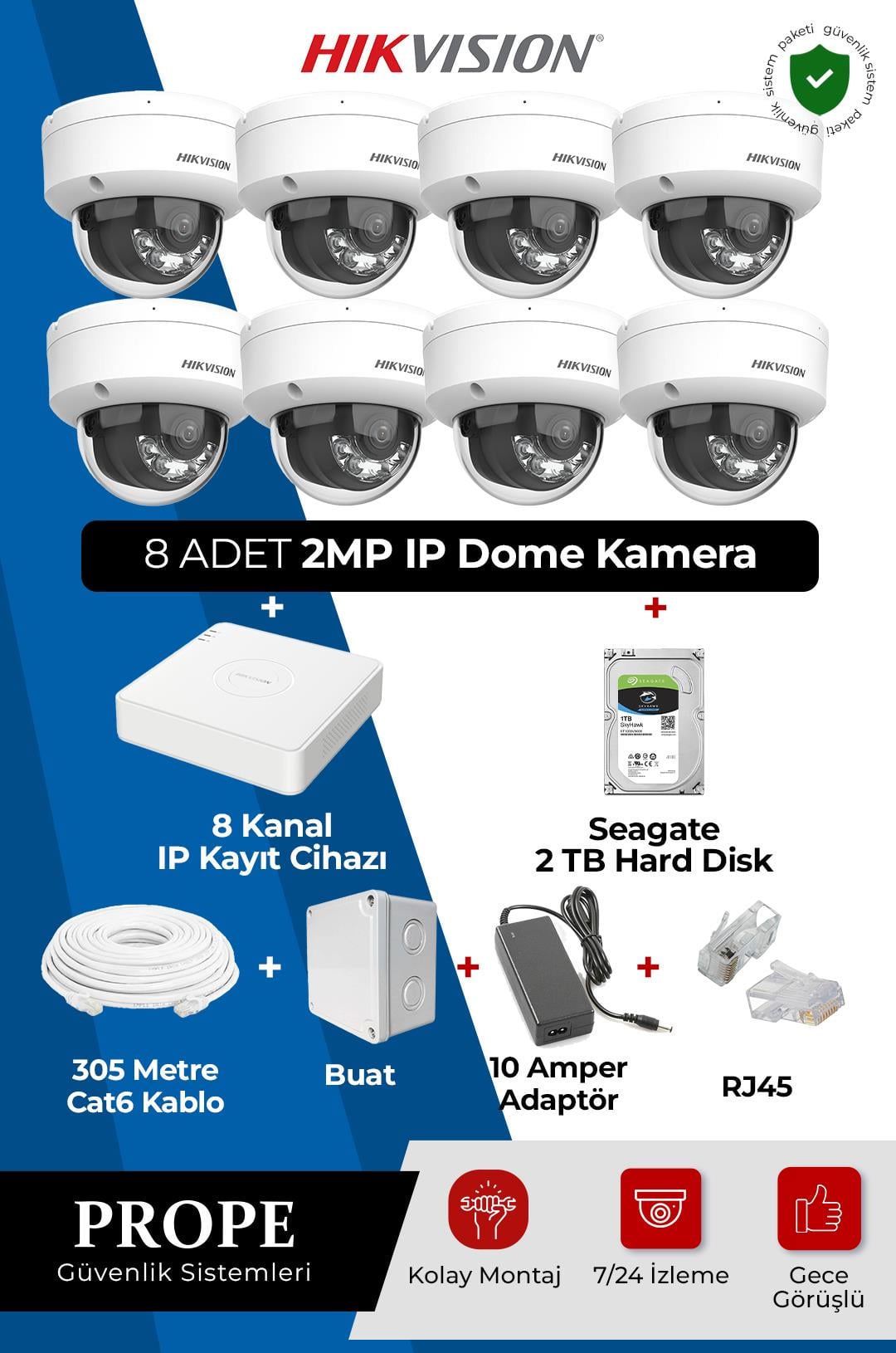 HIKVISION DS-2CD1121G2-LIUF  8 Kameralı Dome Ip Full Sistem Paketi