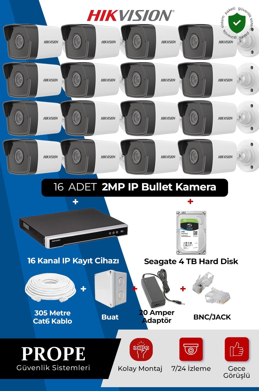 HIKVISION DS-2CD1023G0-IUF 16 Kameralı Bullet Full Ip Sistem Paketi