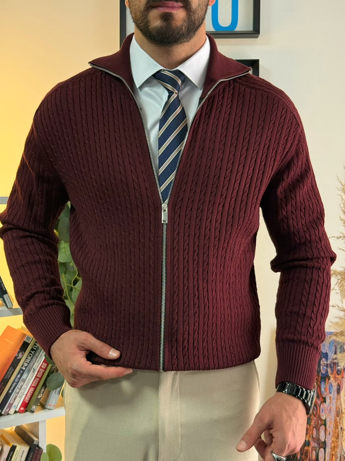 Bordo Regular Fit Halat Desenli Ribana Detaylı Triko Hırka