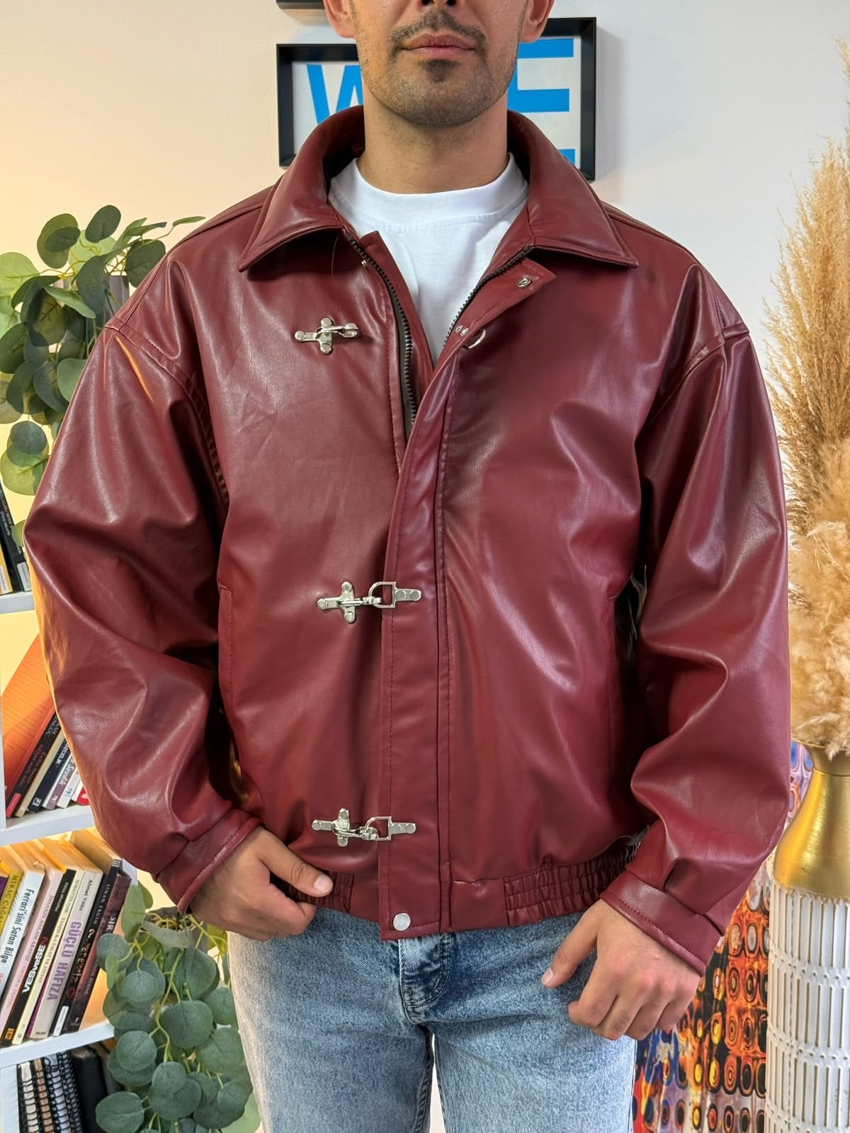 Bordo Vintage Oversize Tokalı Deri Mont