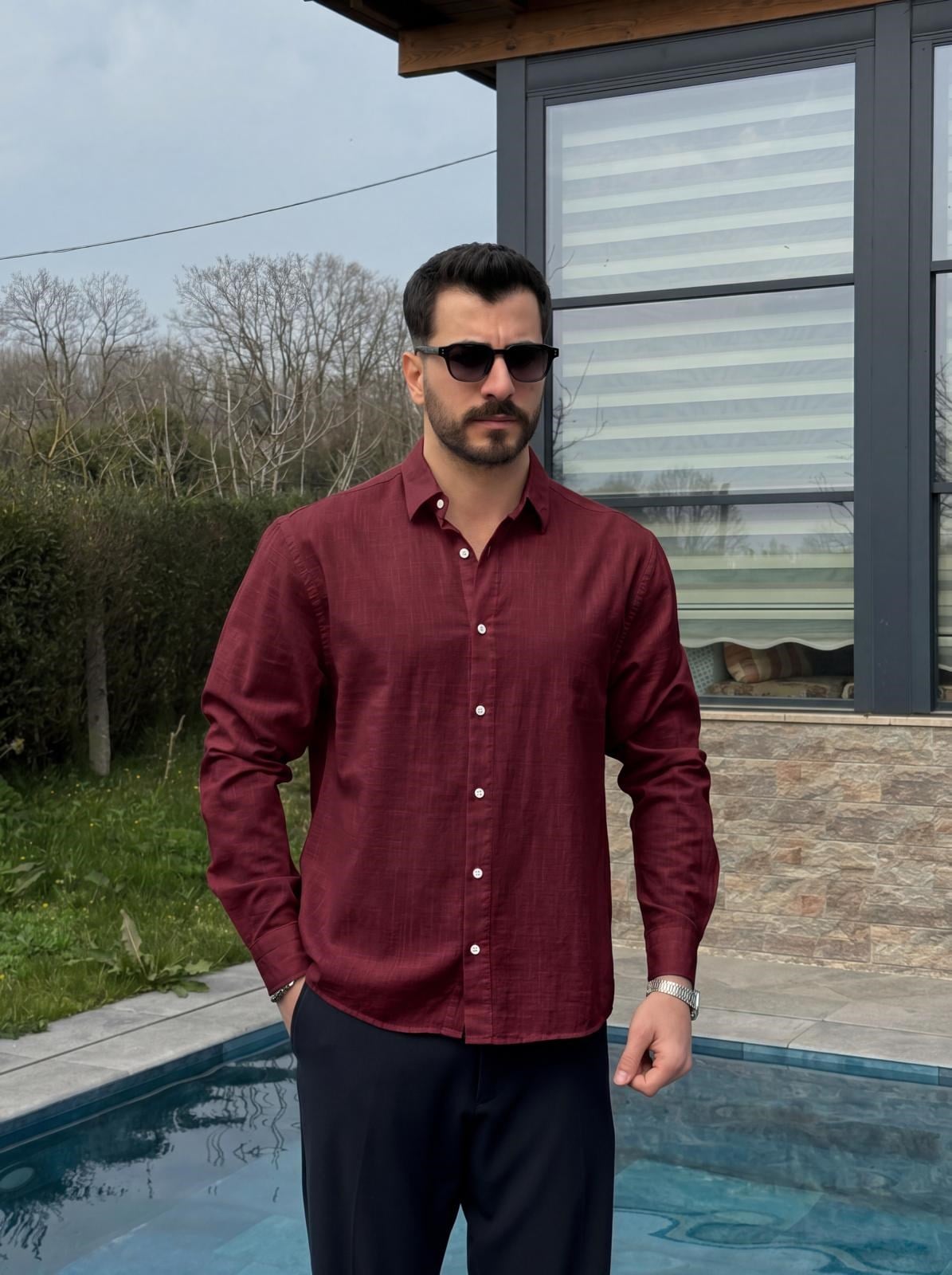 Bordo Yazlık Fresh Keten Kumaş Tam Kalıp Gömlek