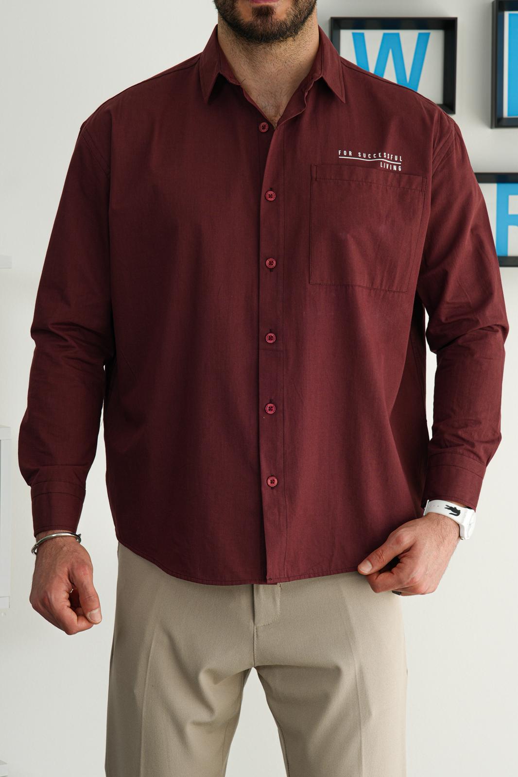 Bordo Yazlık Oversize Baskılı Cepli Gömlek