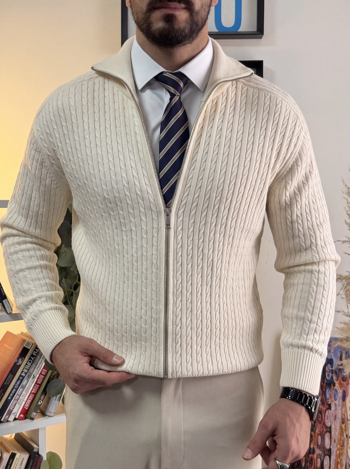 Ekru Regular Fit Halat Desenli Ribana Detaylı Triko Hırka