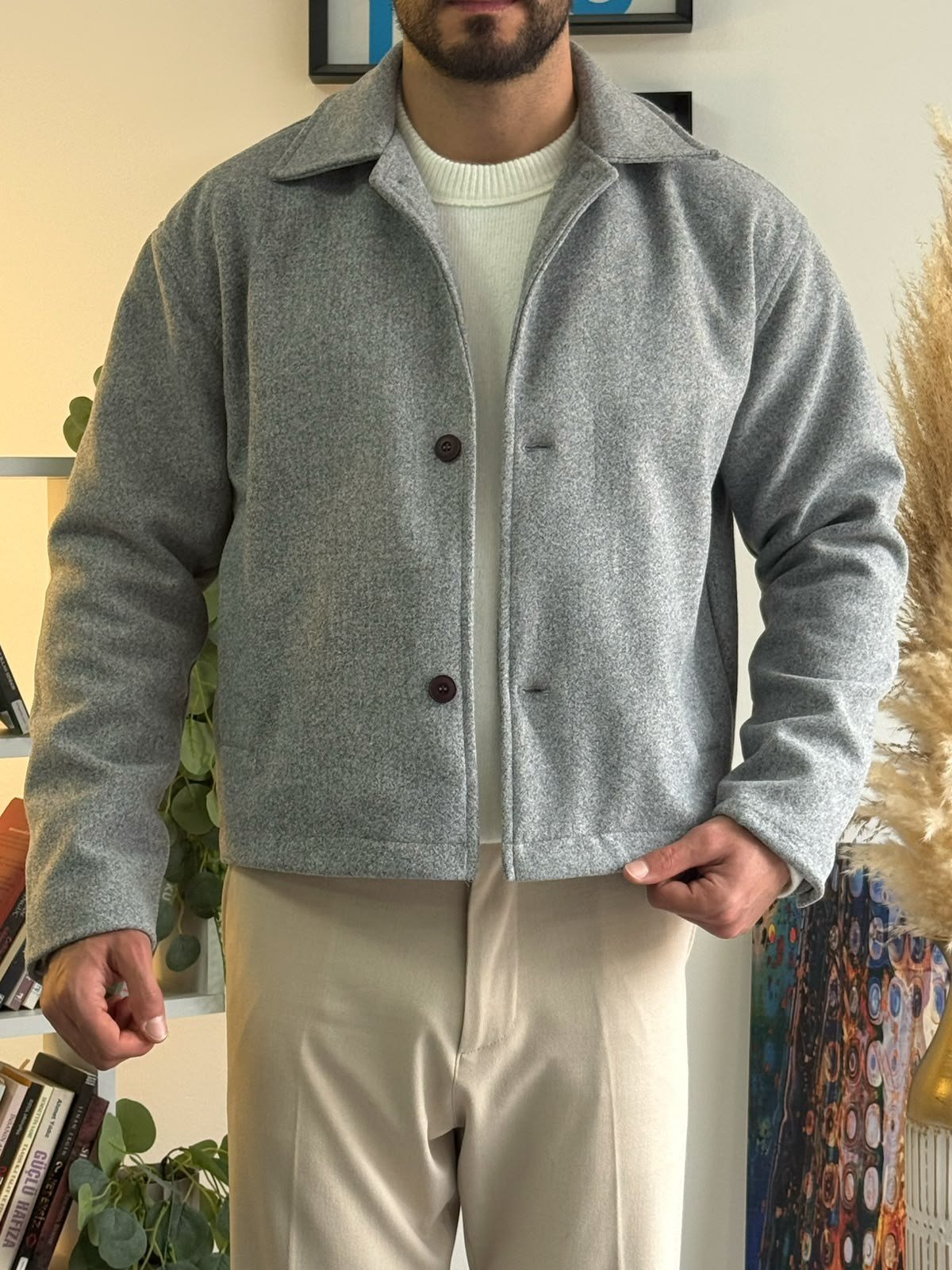 Gri Crop Kesim Kaşe Ceket