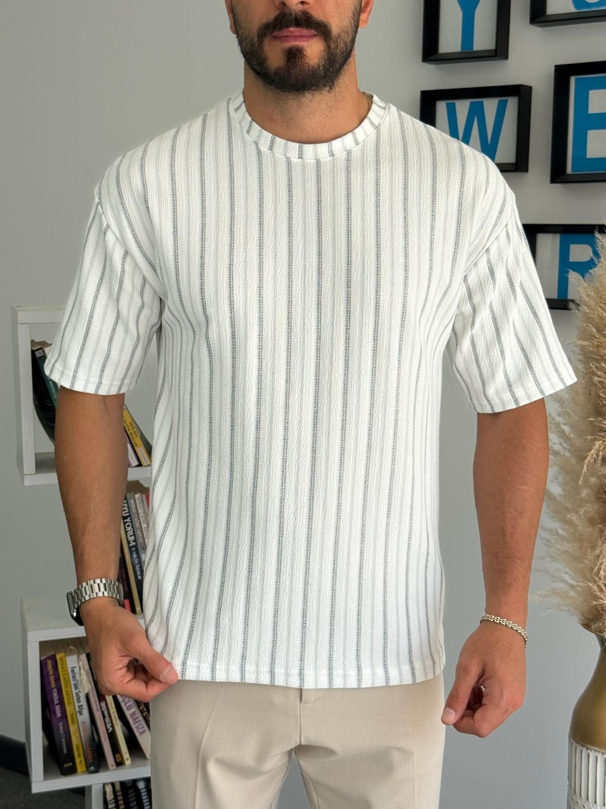 Gri-Yeşil Yarım Oversize çizgili Bisiliklet Yaka T-Shirt