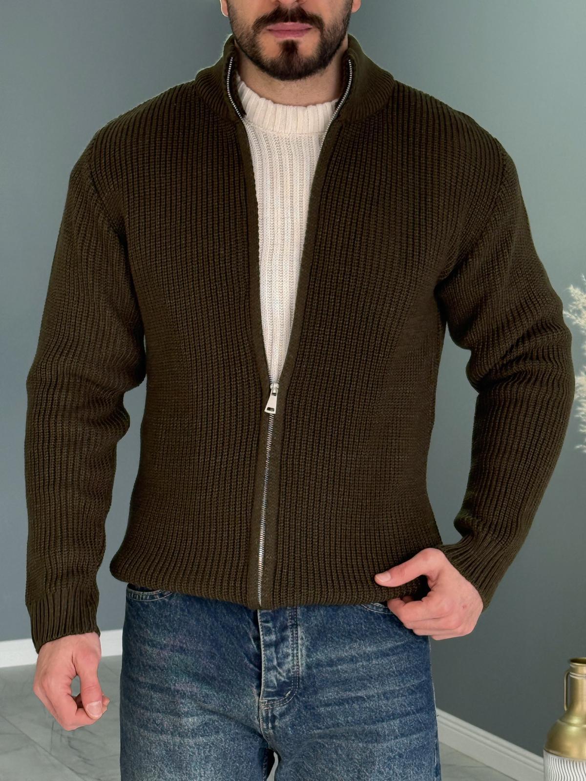Haki Yeşil Premium Zip Knit Hırka