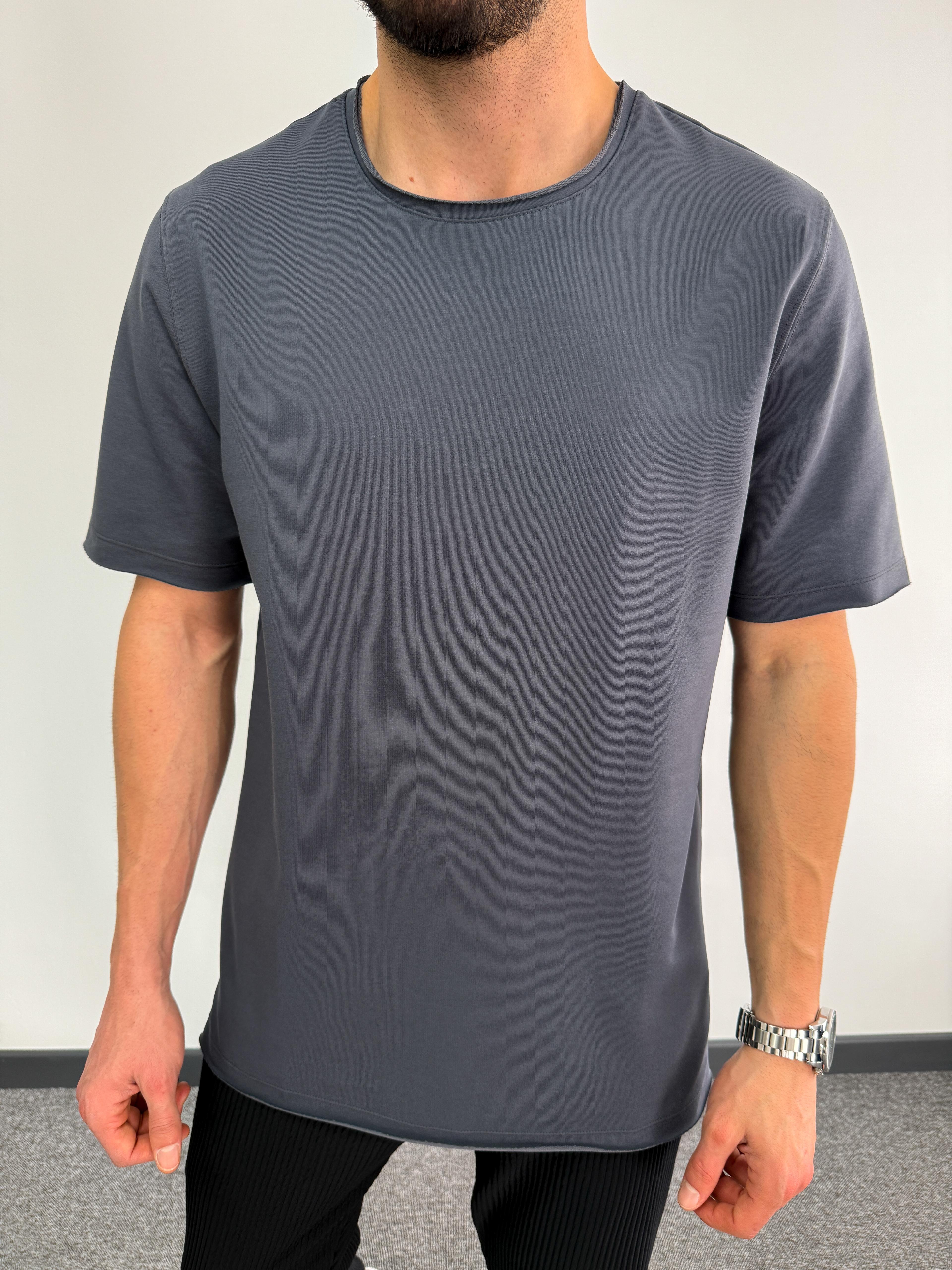 İki İplik Pis Yaka T-Shirt Antrasit