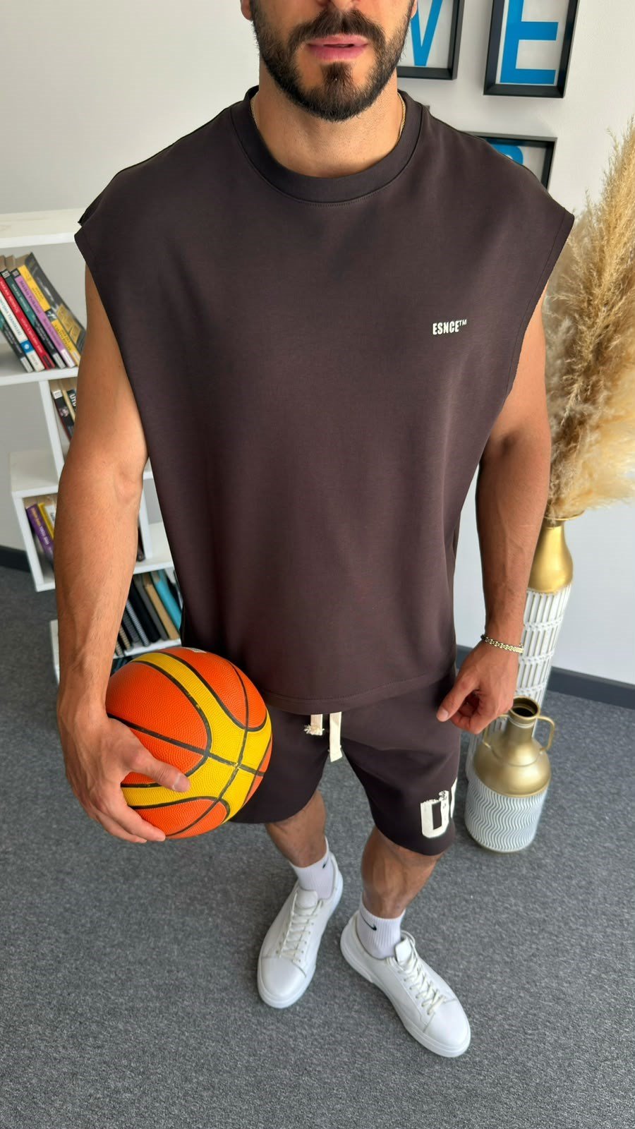 Kahverengi 00 Baskılı Sıfır Kol Oversize Takım