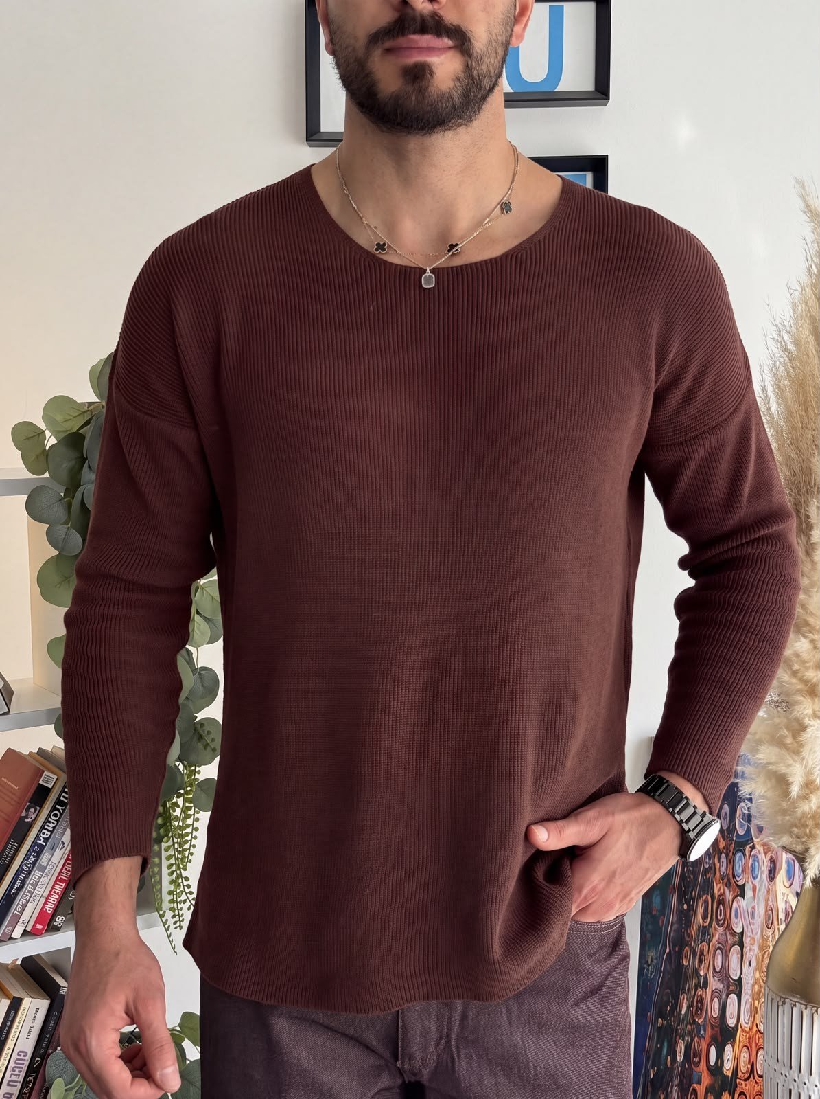 Kahverengi Açık Yaka İnce Triko Sweat
