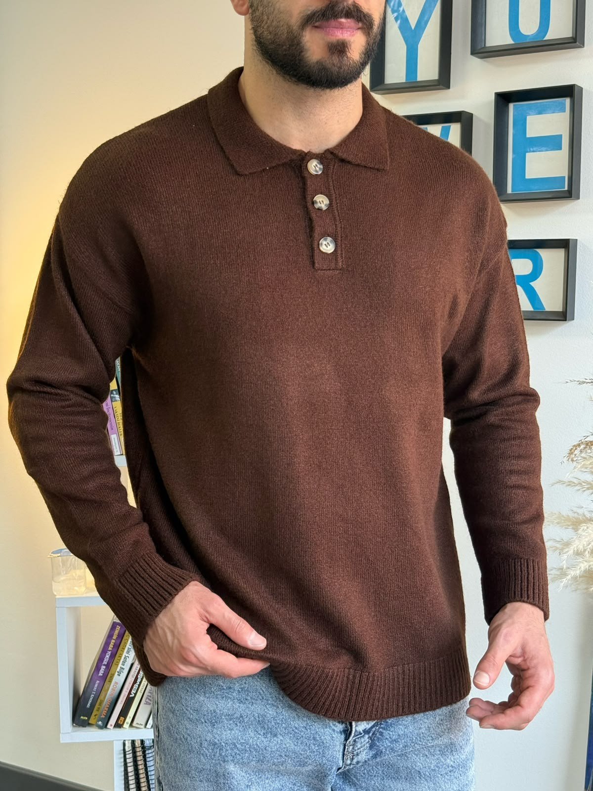 Kahverengi Gramajlı Oversize Polo Kazak