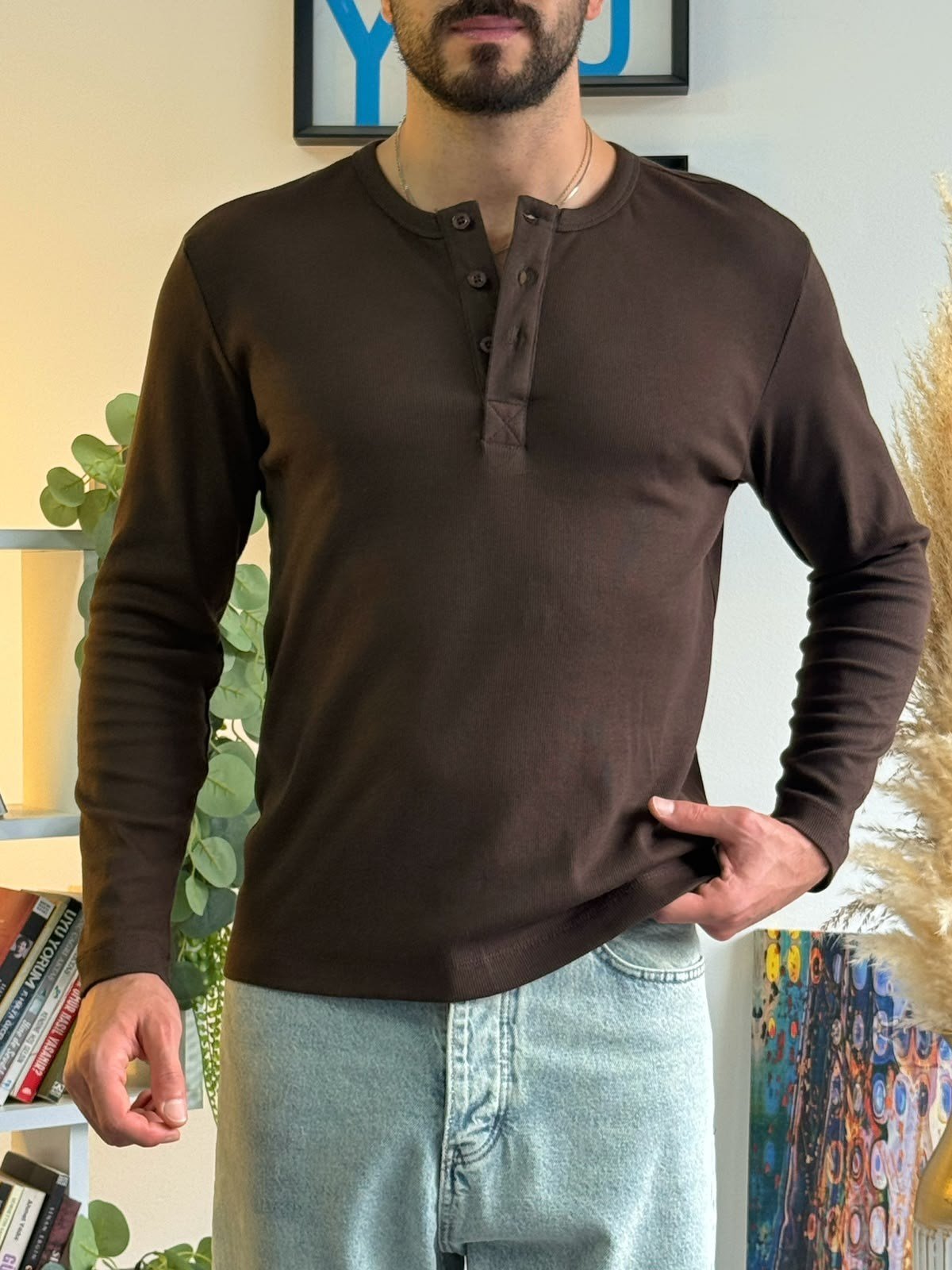 Kahverengi Henley Yaka Uzun Kollu Sweat