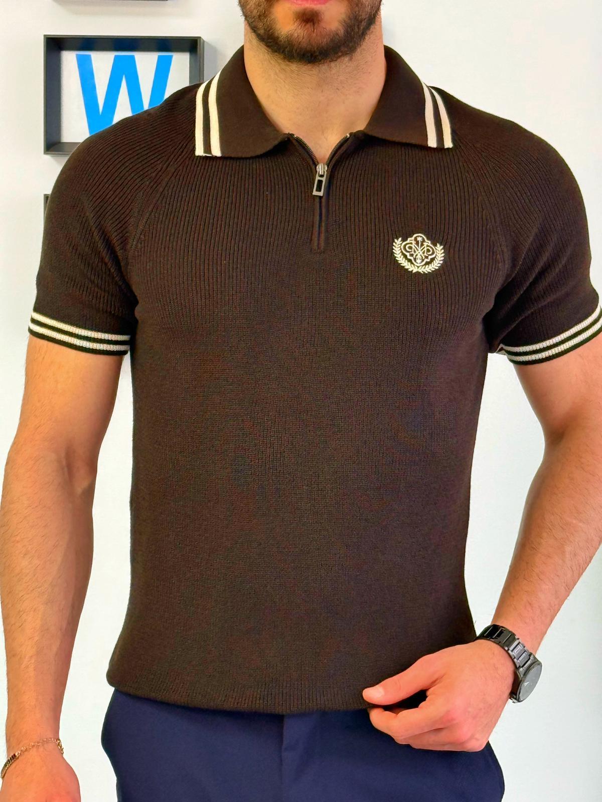 Kahverengi Nakış Armalı Triko Fermuarlı Polo T-Shirt