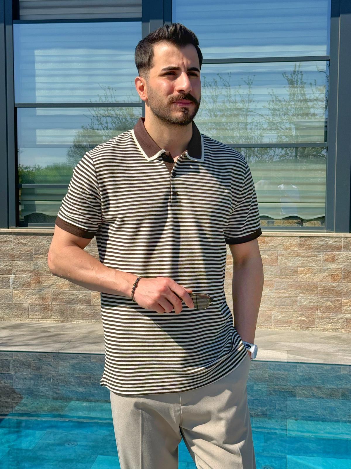 Kahverengi Şeritli Regular Kalıp Polo Yaka T-shirt