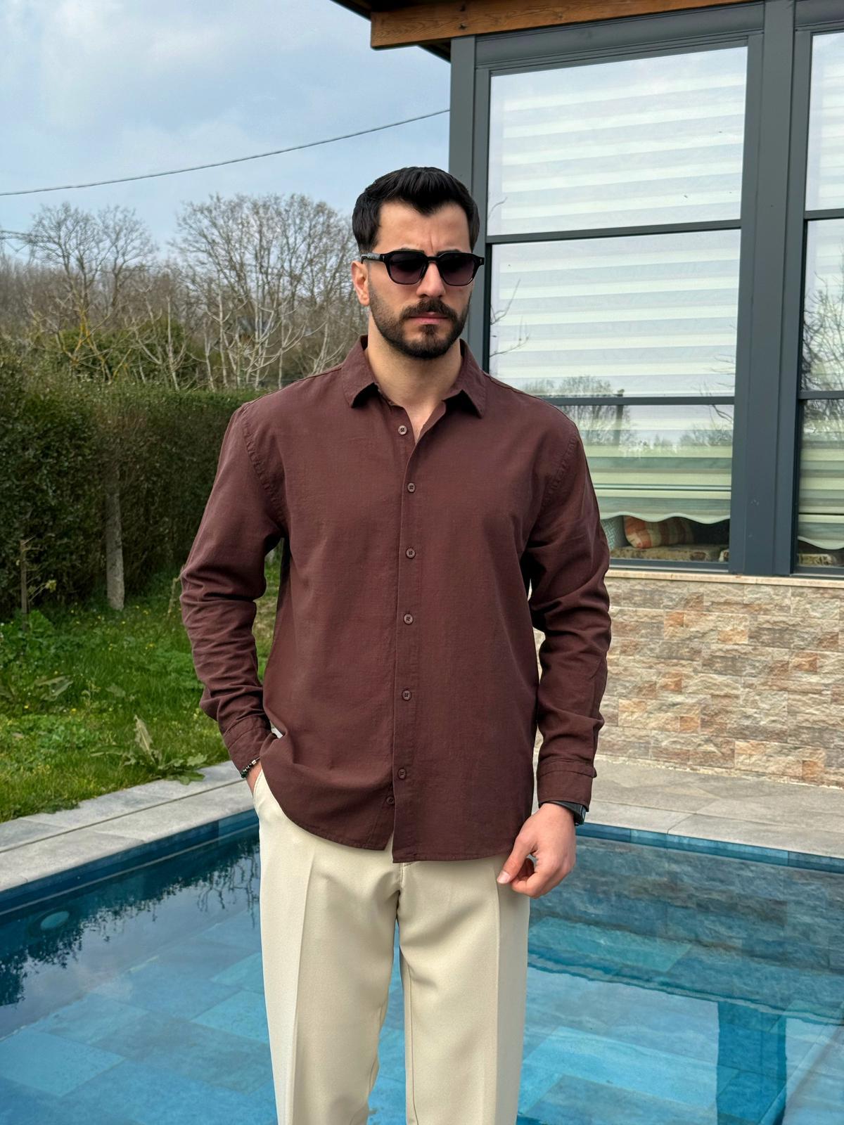 Kahverengi Yazlık Fresh Keten Kumaş Tam Kalıp Gömlek