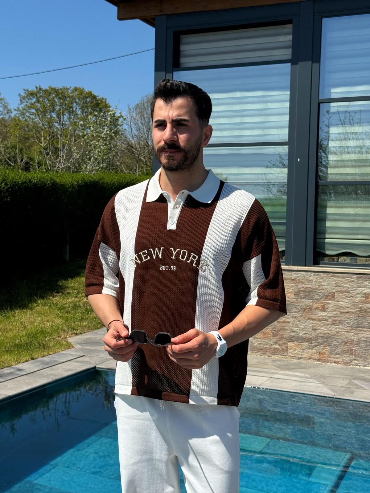 Kahverengi Yazlık New York Nakışlı Polo Yaka Triko