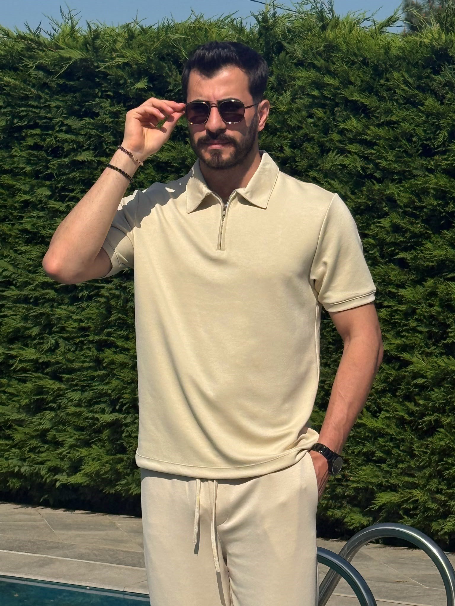 Krem Osyh Kumaş Yarım Fermuarlı T-Shirt