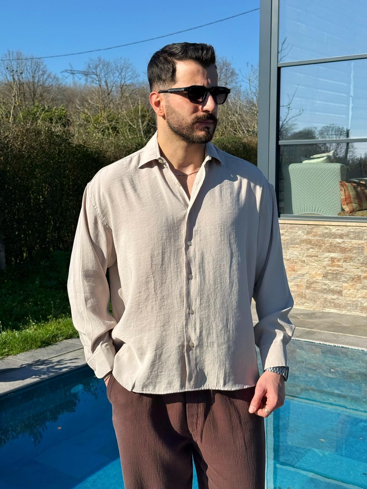 Krem Oversize Modern Modal Gömlek