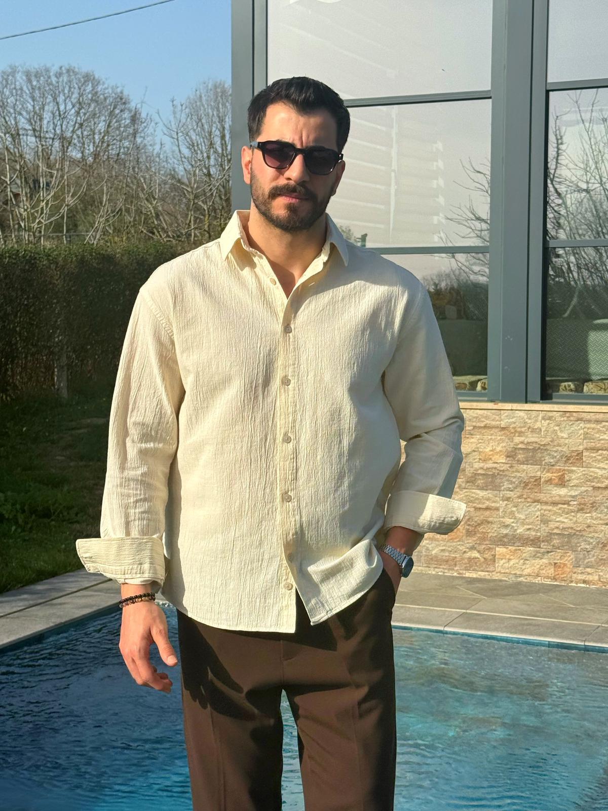 Krem Premium Fit Krinkıl Keten Gömlek